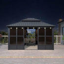 PURPLE LEAF Sunroom Hardtop Gazebo Solarium Grey Galvanized Steel Double Roof All-Weather Aluminum Outdoor Screen House with String Lights