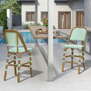 PURPLE LEAF French Outdoor Counter Bar Stool Set of 2 Wicker Bamboo Print Finish with Back Rattan Dining Chairs Armchair for Garden Kitchen Backyard Porch Patio Chairs Light, Green