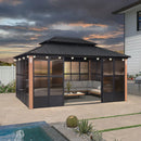 PURPLE LEAF Sunroom Hardtop Gazebo with Wood Grain Columns Black Frame Double Roof Galvanized Steel Solarium All-Weather Screen House with String Lights