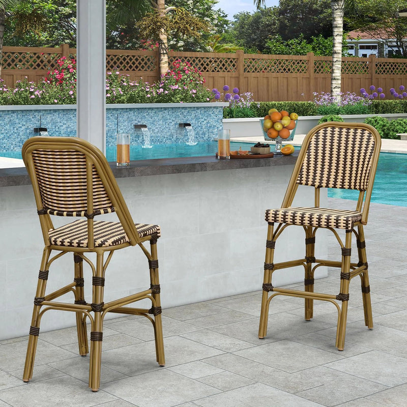 PURPLE LEAF French Outdoor Counter Bar Stool Set of 2 Wicker Bamboo Print Finish with Back Rattan Dining Chairs Armchair for Garden Kitchen Backyard Porch Patio Chairs, Brown