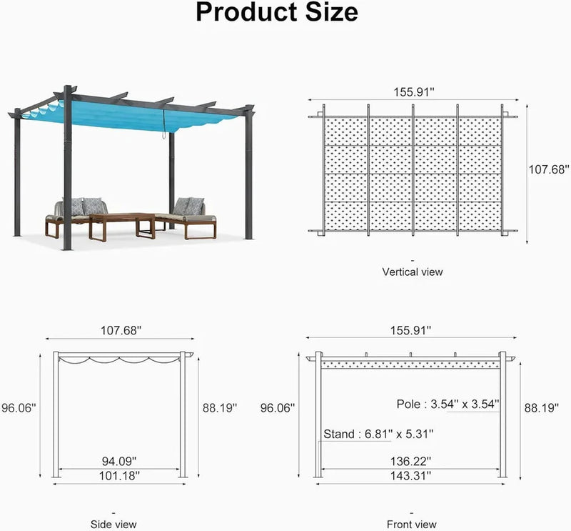 PURPLE LEAF 9.5' X 13' Outdoor Retractable Pergola Against The Wall with Shade Canopy Patio Aluminum Shelter