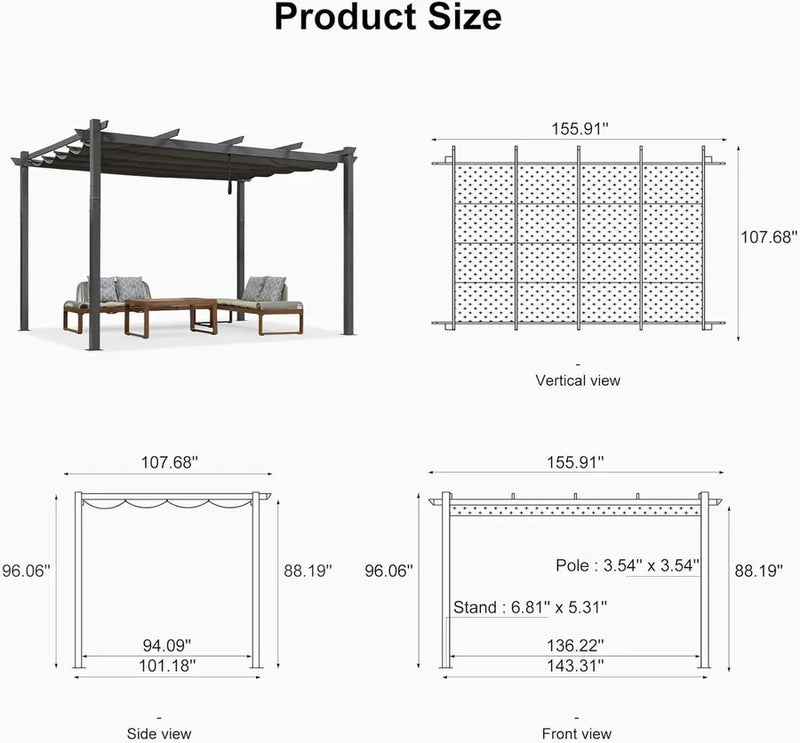 PURPLE LEAF 9.5' X 13' Outdoor Retractable Pergola Against The Wall with Shade Canopy Patio Aluminum Shelter
