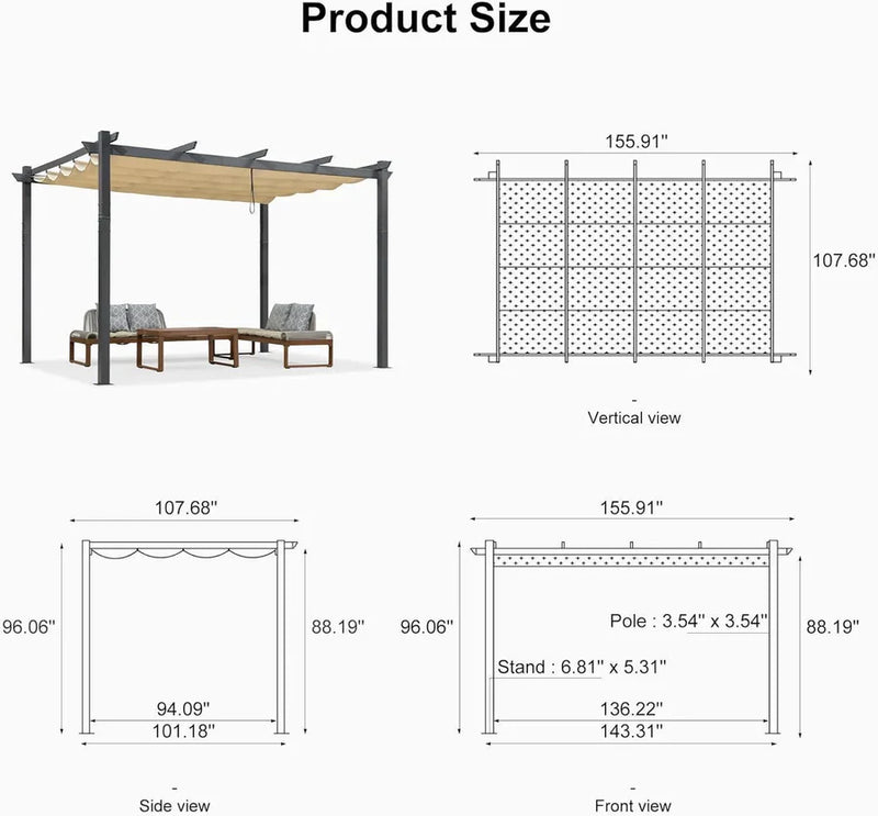 PURPLE LEAF 9.5' X 13' Outdoor Retractable Pergola Against The Wall with Shade Canopy Patio Aluminum Shelter