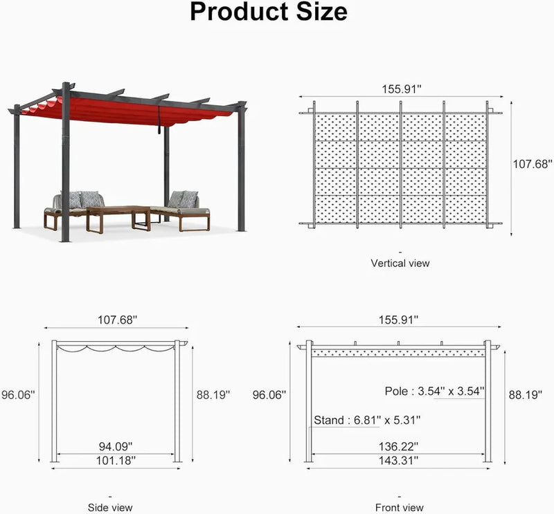 PURPLE LEAF 9.5' X 13' Outdoor Retractable Pergola Against The Wall with Shade Canopy Patio Aluminum Shelter