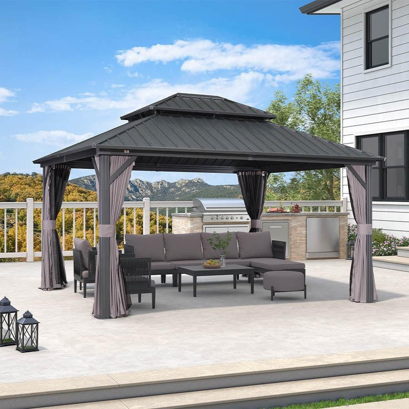 PURPLE LEAF Grey Hardtop Gazebo with Heavy Duty Galvanized Steel Double Roof with Netting and Curtains