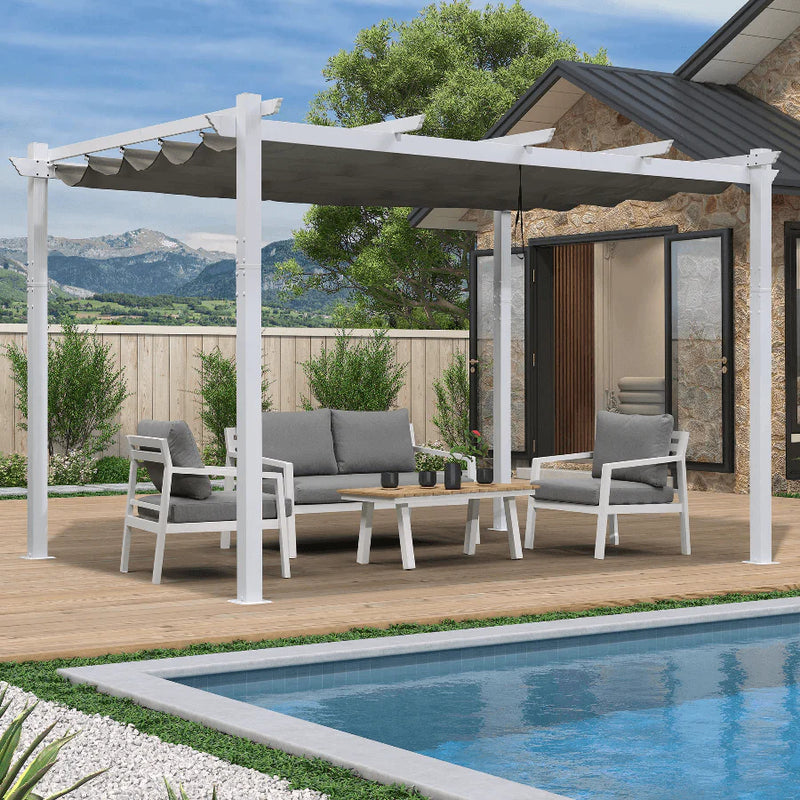 PURPLE LEAF Outdoor Retractable Pergola with Sun Shade Canopy Cover White Patio Metal Shelter for Garden Pavilion