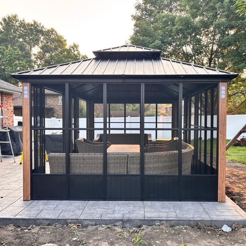 PURPLE LEAF Patio Hardtop Gazebo Double Galvanized Roof Outdoor Screen House Aluminum Solarium Backyard Sunroom