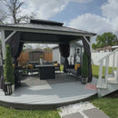 PURPLE LEAF Modern Gazebo Grey Hardtop Galvanized Steel Double Roof White Aluminum Poles with Curtains and Netting