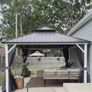 PURPLE LEAF Modern Gazebo Grey Hardtop Galvanized Steel Double Roof White Aluminum Poles with Curtains and Netting