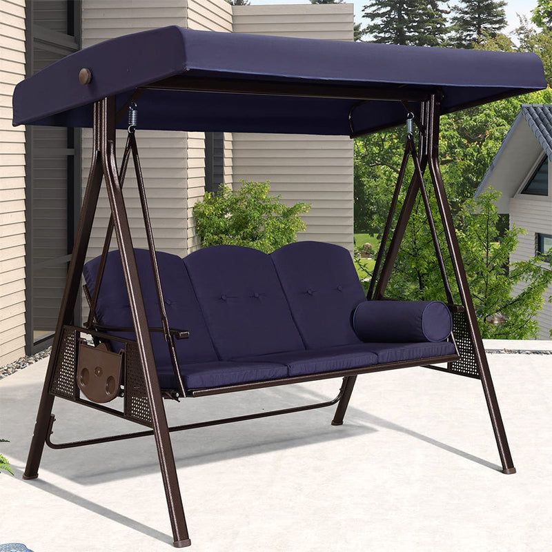 PURPLE LEAF Outdoor Patio Porch Swing with Adjustable PVC Canopy, 3-seat Swing Chair Bench with Side Cup Holder for Backyard Front Porch Lawn, Cushions and Pillow Included - Purpleleaf Canada