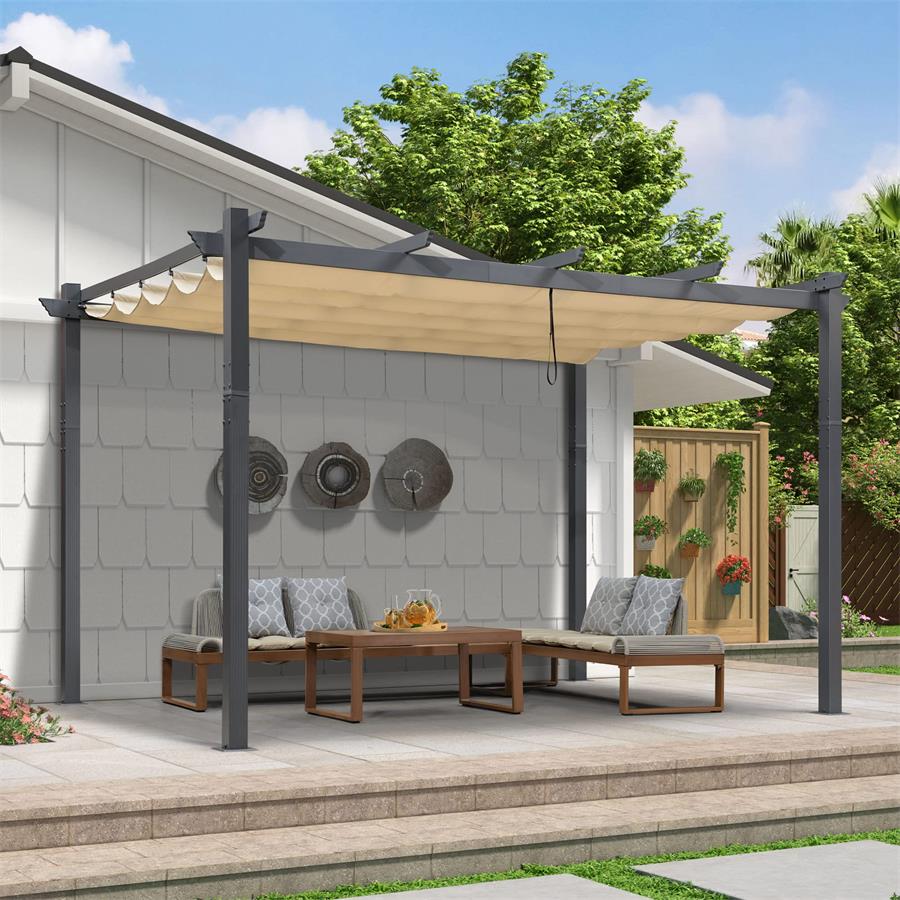 PURPLE LEAF 9.5' X 13' Outdoor Retractable Pergola Against The Wall with Shade Canopy Patio Aluminum Shelter for Porch Garden Pavilion Grill Gazebo Modern Backyard Metal Grape Trellis Pergola
