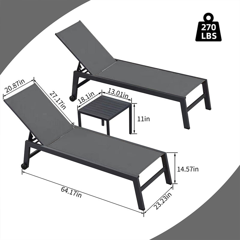 PURPLE LEAF Patio Chaise Lounge Set 3 Pieces Textilene Pool Lounge Chairs with Wheels Sunbathing Chair for Outdoor, Beach, Yard, Side Table Included - Purpleleaf Canada