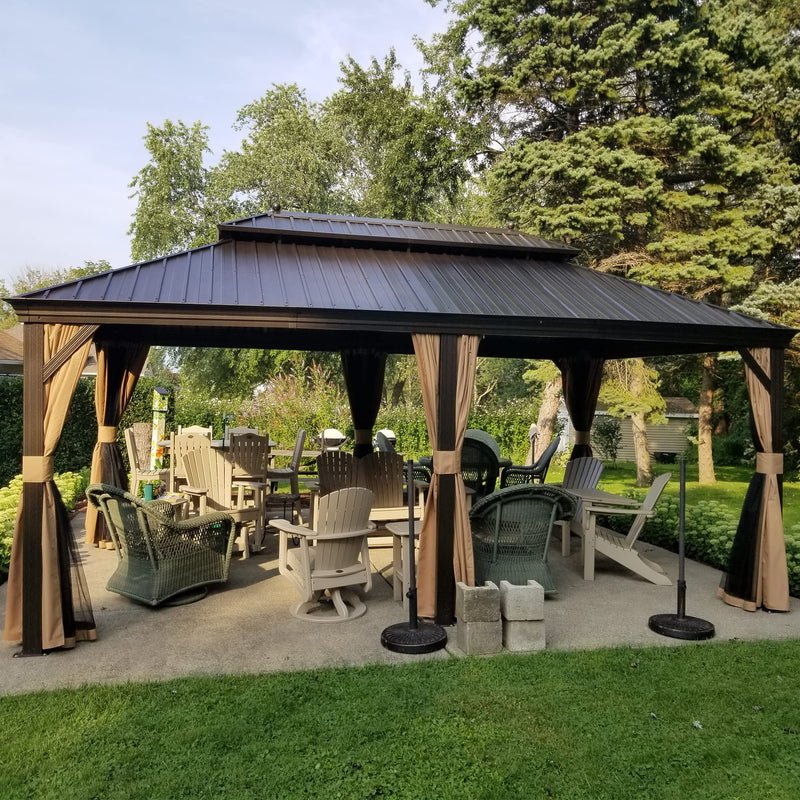 PURPLE LEAF Permanent Outdoor Hardtop Gazebo Aluminum Frame Patio Gazebo with Galvanized Steel Double Tier Roof for Patio Lawn and Deck, Nettings and Curtains Included, Bronze - Purpleleaf Ca