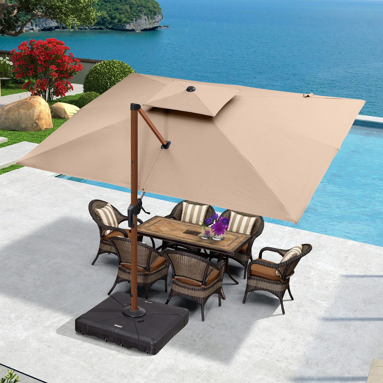 PURPLE LEAF 9' X 12' Double Top Deluxe Wood Pattern Rectangle Patio Umbrella Offset Hanging Umbrella Outdoor Garden Umbrella - Purpleleaf Canada