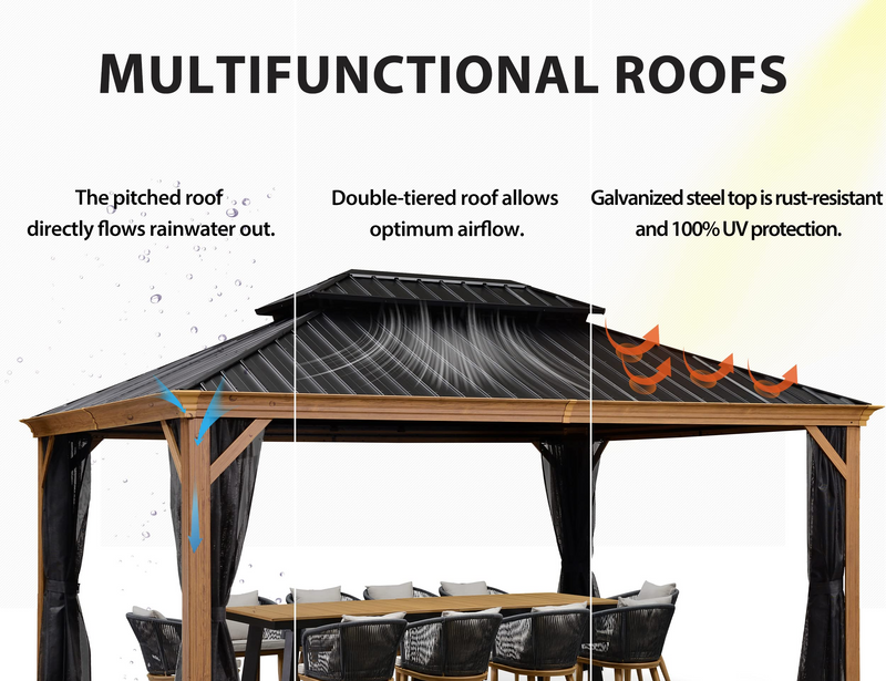 PURPLE LEAF Outdoor Hardtop Gazebo for Patio Galvanized Steel Double Roof Permanent Canopy Aluminum Frame Pavilion Gazebo and Netting, Teak - Purpleleaf Canada