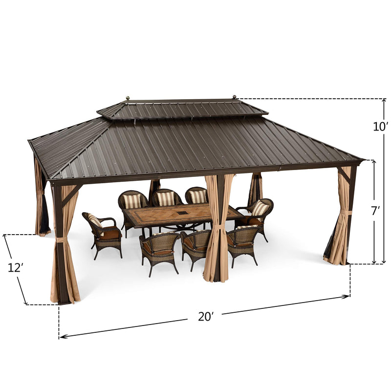 PURPLE LEAF Permanent Outdoor Hardtop Gazebo Aluminum Frame Patio Gazebo with Galvanized Steel Double Tier Roof for Patio Lawn and Deck, Nettings and Curtains Included, Bronze - Purpleleaf Ca