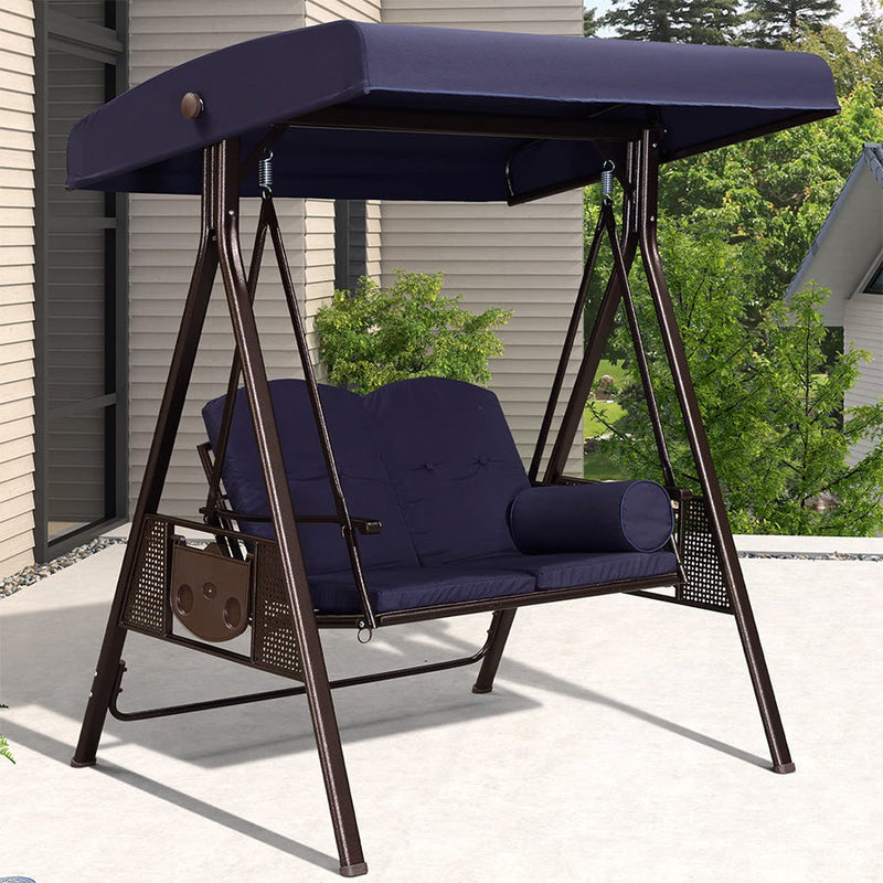 PURPLE LEAF Outdoor Patio Porch Swing with Adjustable PVC Canopy, 3-seat Swing Chair Bench with Side Cup Holder for Backyard Front Porch Lawn, Cushions and Pillow Included - Purpleleaf Canada