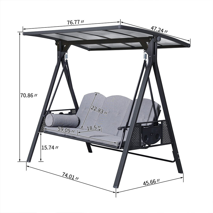 PURPLE LEAF Outdoor Patio Porch Swing with Adjustable PVC Canopy, 3-seat Swing Chair Bench with Side Cup Holder for Backyard Front Porch Lawn, Cushions and Pillow Included - Purpleleaf Canada