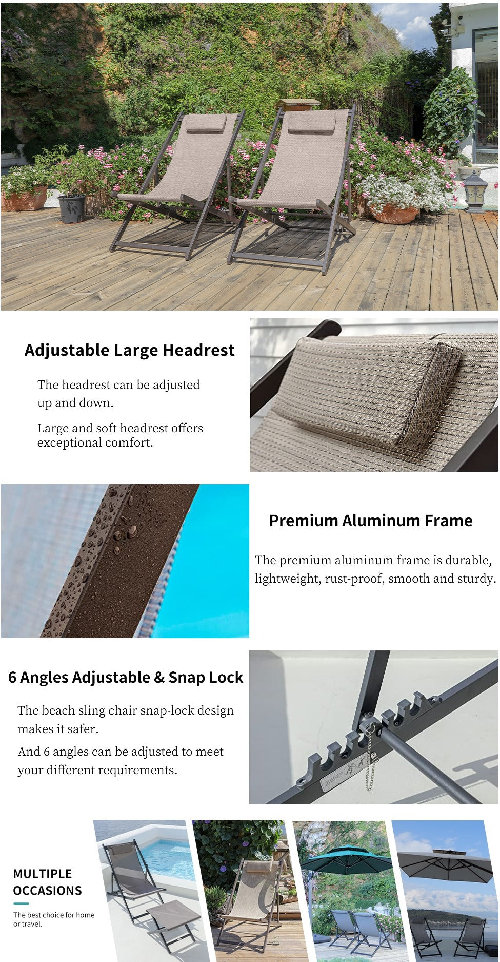 PURPLE LEAF Patio Outdoor Beach Sling Chair Folding Camping Lounge Canva Fishing Pool Side Chairs Set of 2 with Cushioned Headrest - Purpleleaf Canada